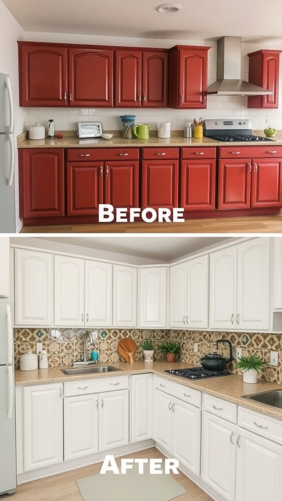 A kitchen before and after painting the cabinets. The before image shows red cabinets, and the after image shows white cabinets.