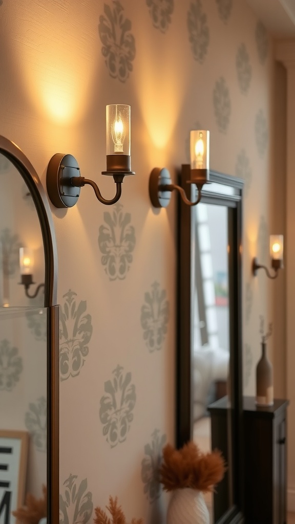 Elegant wall sconces illuminating a stylish entrance hall with a mirror and decorative elements.