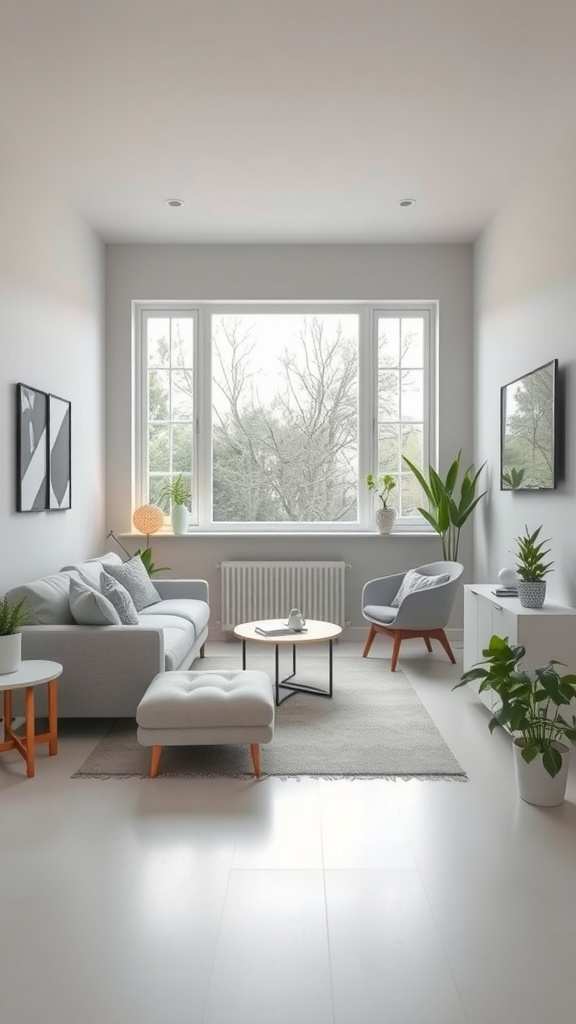 A cozy living room featuring pale gray walls, large windows, and modern furniture, creating an open and inviting space.