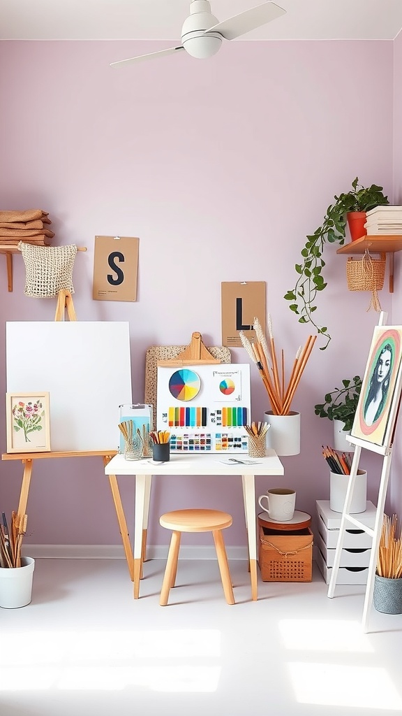 A well-lit room with pale lilac walls, an art desk, and various art supplies