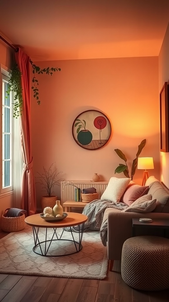 A cozy small living room with pale peach walls, featuring a comfortable sofa, a coffee table, and decorative plants.