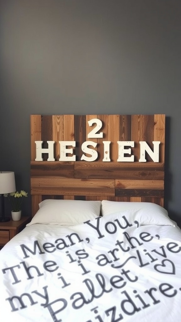 A rustic bedroom with a pallet wood headboard, featuring bold letters and soft bedding.