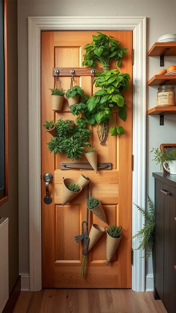 A wooden pantry door with a vertical garden featuring cone-shaped planters filled with herbs.