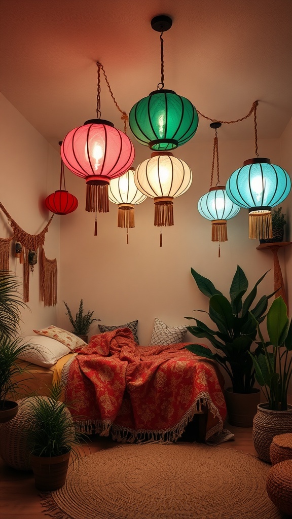 Colorful paper lanterns hanging in a bedroom, creating a warm and inviting atmosphere.