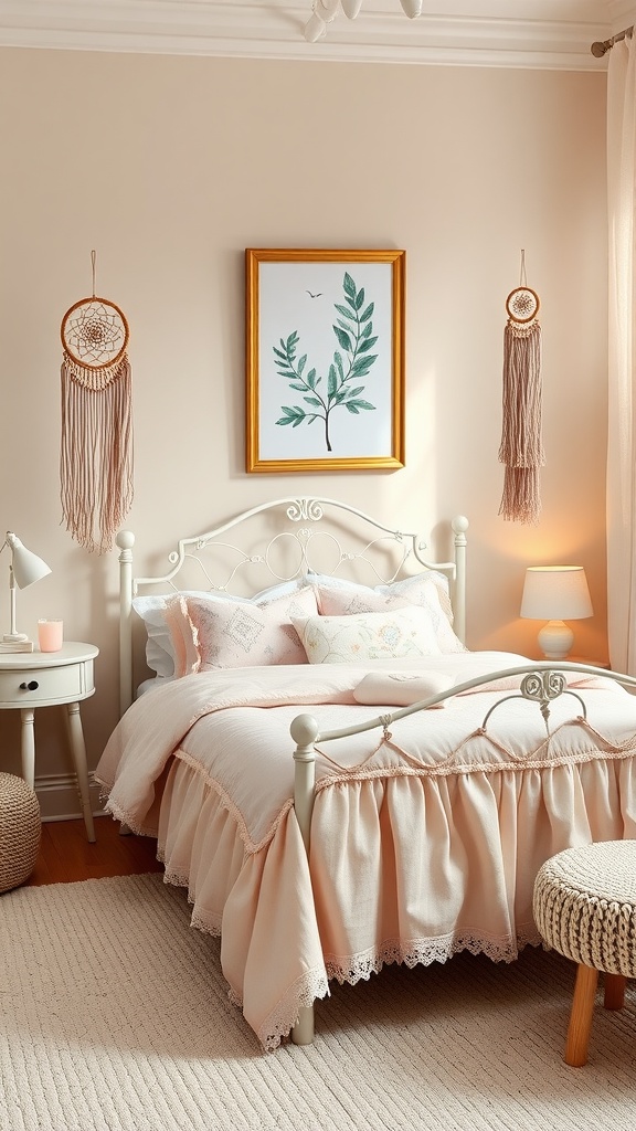 A cozy boho style bedroom featuring soft peach bedding, dreamcatchers, and a leafy wall art.