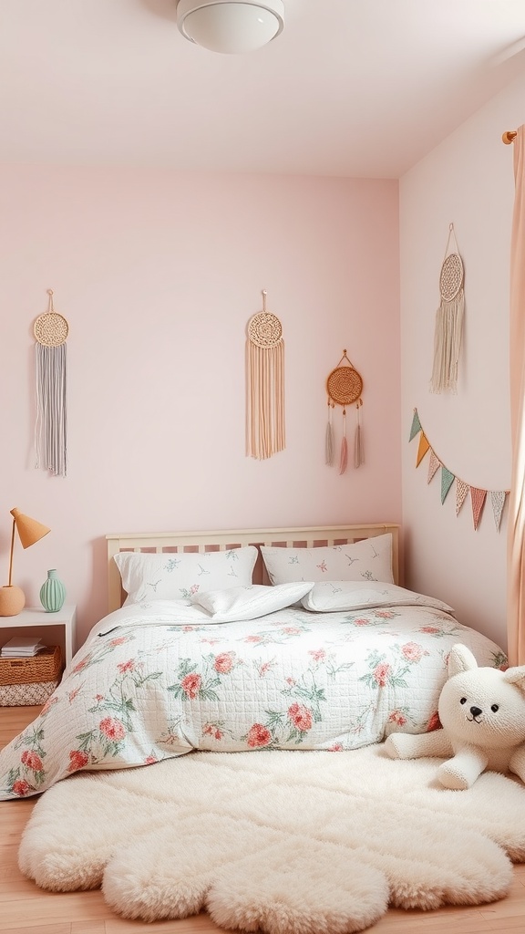 A pastel-themed toddler bedroom with pink walls, floral bedding, dreamcatchers, and a fluffy rug.