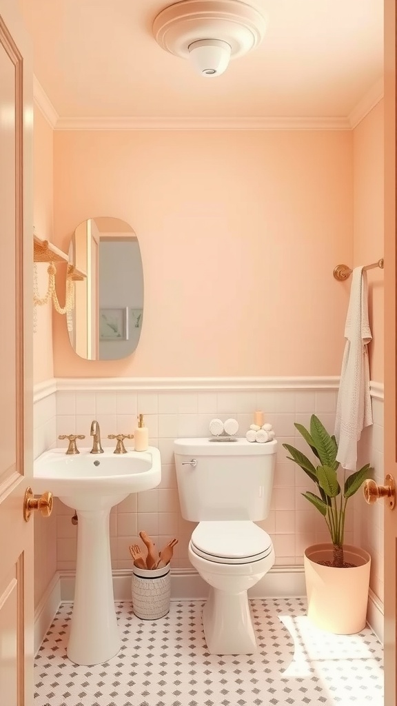 A cozy bathroom with pastel peach walls, white fixtures, and a potted plant, creating a warm and inviting atmosphere.