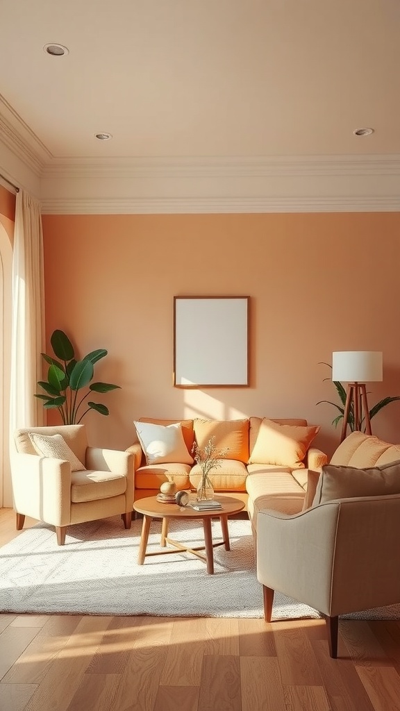 A cozy living room with pastel peach walls and light-colored furniture.