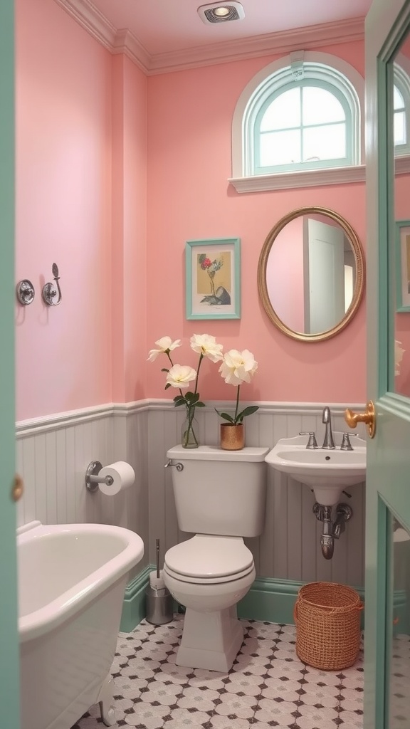 A bathroom featuring pastel pink walls, mint green trim, and elegant decor.