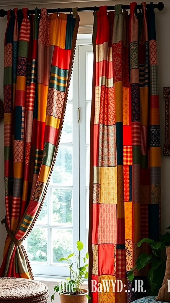 Patchwork curtains in vibrant colors hanging by a window