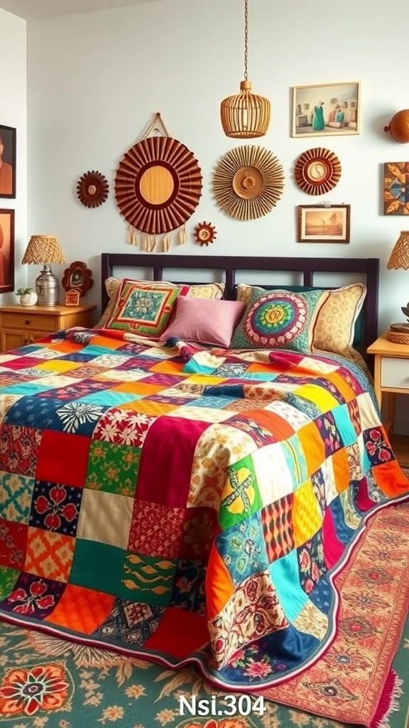 Boho style bedroom featuring a colorful patchwork quilt on the bed with decorative pillows and wall art.