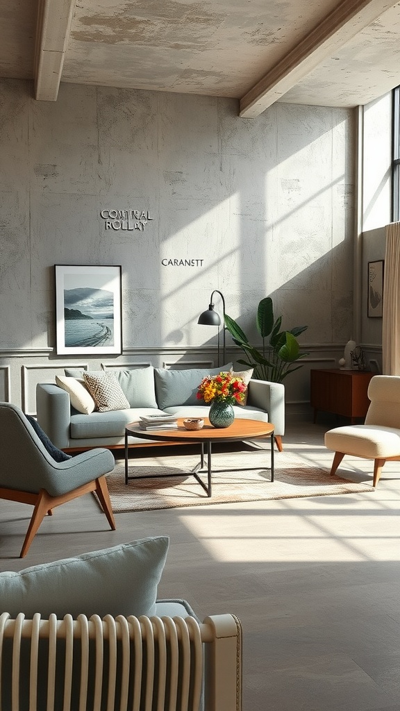 A cozy living room featuring textured walls, a soft blue sofa, and a wooden coffee table with flowers.