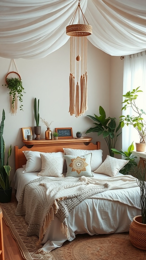 A cozy boho style bedroom with soft drapes, a comfortable bed with decorative pillows, and potted plants.