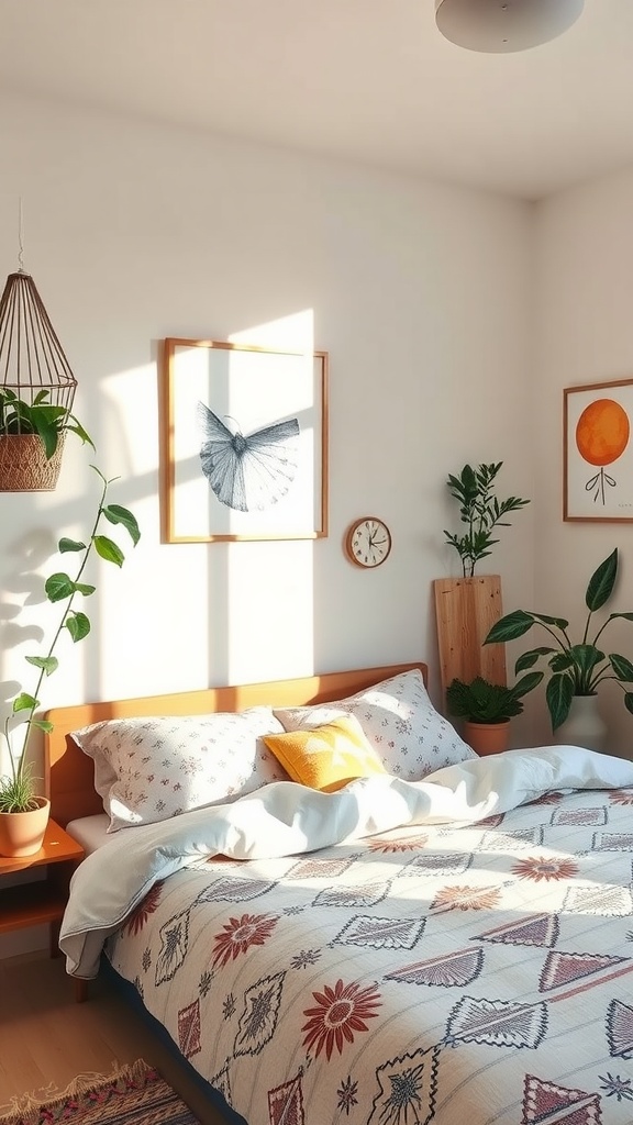 A cozy Boho bedroom with a patterned quilt, plants, and artwork, illuminated by natural sunlight.