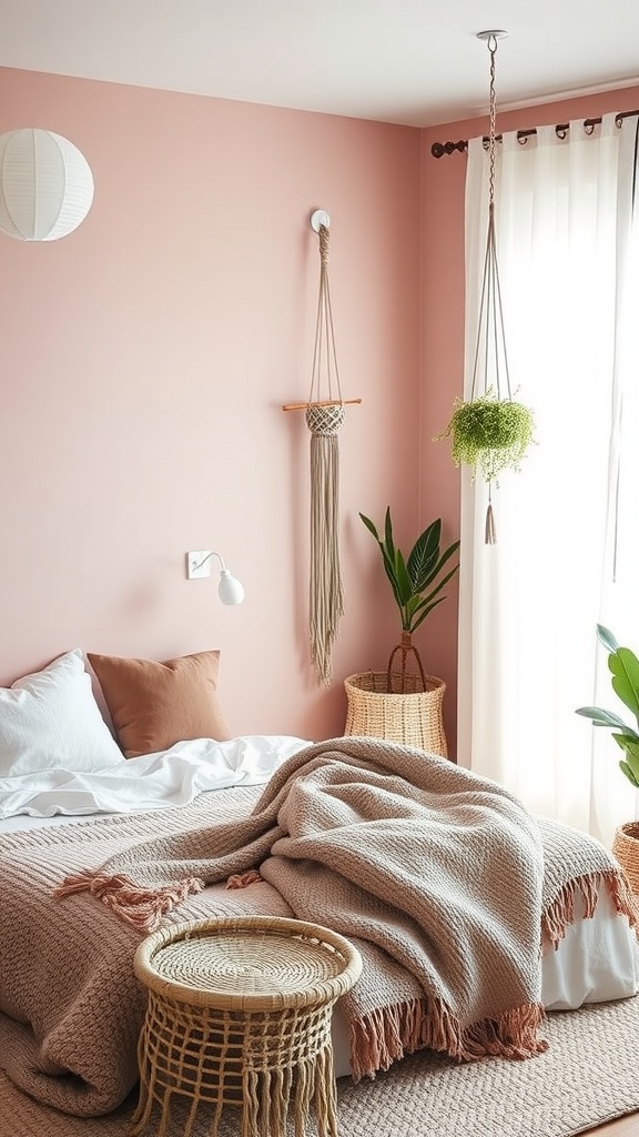 A cozy Pink Boho style bedroom featuring soft pink walls, a comfortable bed with fluffy pillows, hanging plants, and woven basket decor.