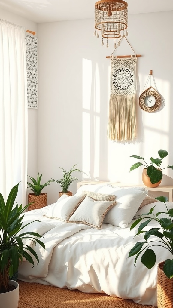 A serene bedroom featuring white bedding, plants, and boho decor.