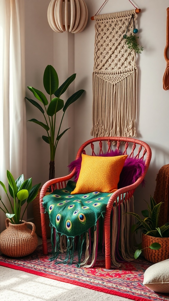 A vibrant boho corner featuring a peacock chair with a green throw and yellow pillow, surrounded by plants and macramé wall art.