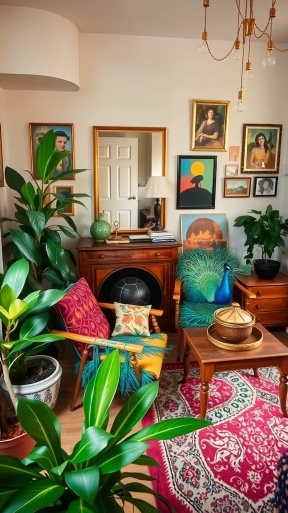 A cozy Boho style bedroom featuring peacock chairs with colorful cushions, plants, and various artworks on the walls.