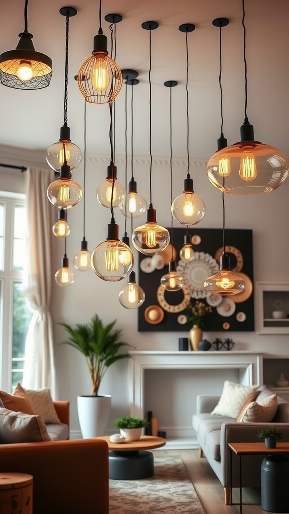 A collection of stylish pendant lights hanging in a living room, showcasing different designs and warm lighting.