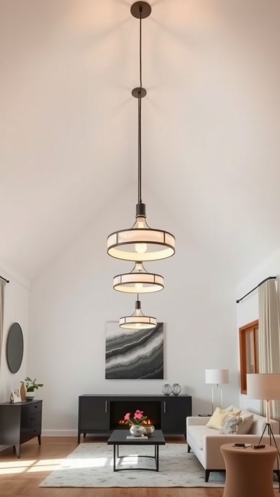 Three elegant pendant lights hanging from a vaulted ceiling in a modern living room