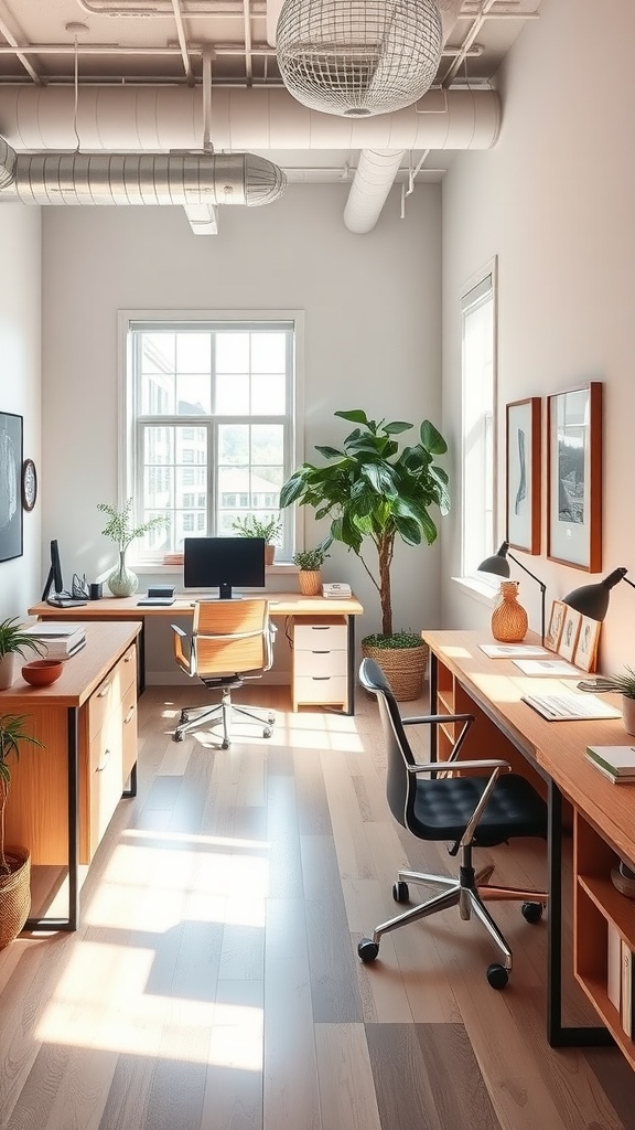 A bright home office featuring a peninsula desk layout, cozy chairs, plants, and natural light.