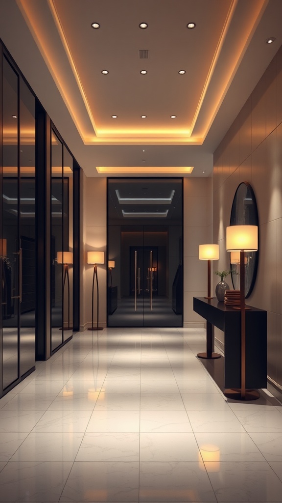 A modern foyer with perimeter floor lamps, featuring sleek lines, polished floors, and stylish decor.