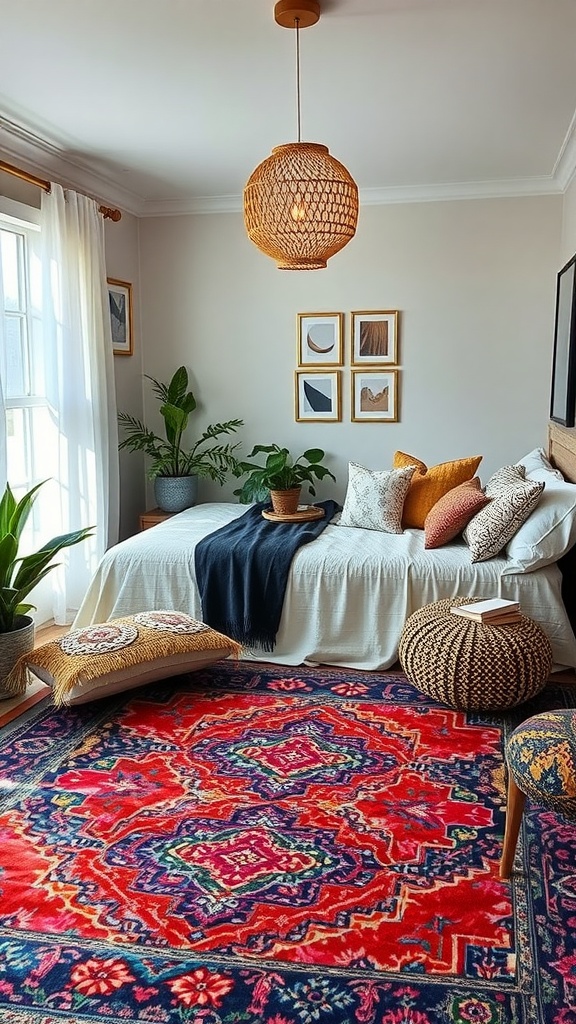 A cozy bedroom featuring a colorful Persian rug, light bedding, and decorative pillows, surrounded by plants.