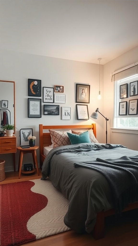 A cozy men's bedroom featuring a wooden bed, layered bedding, framed wall art, and a colorful area rug.