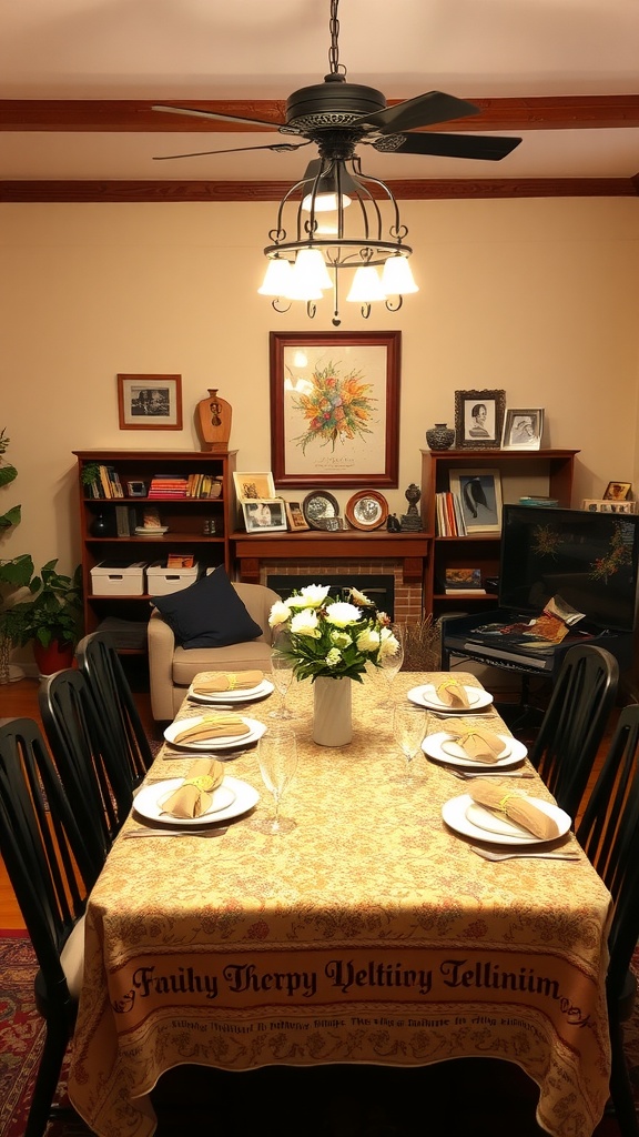 A cozy dining area with a beautifully set table, soft lighting, and personal decor.