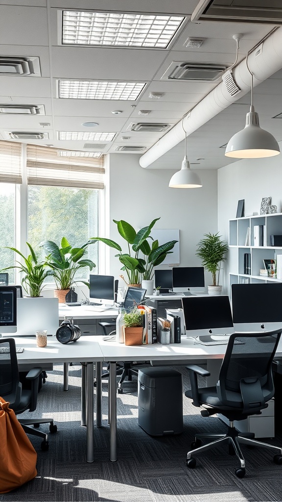 Bright office space with multiple desks, computers, and plants