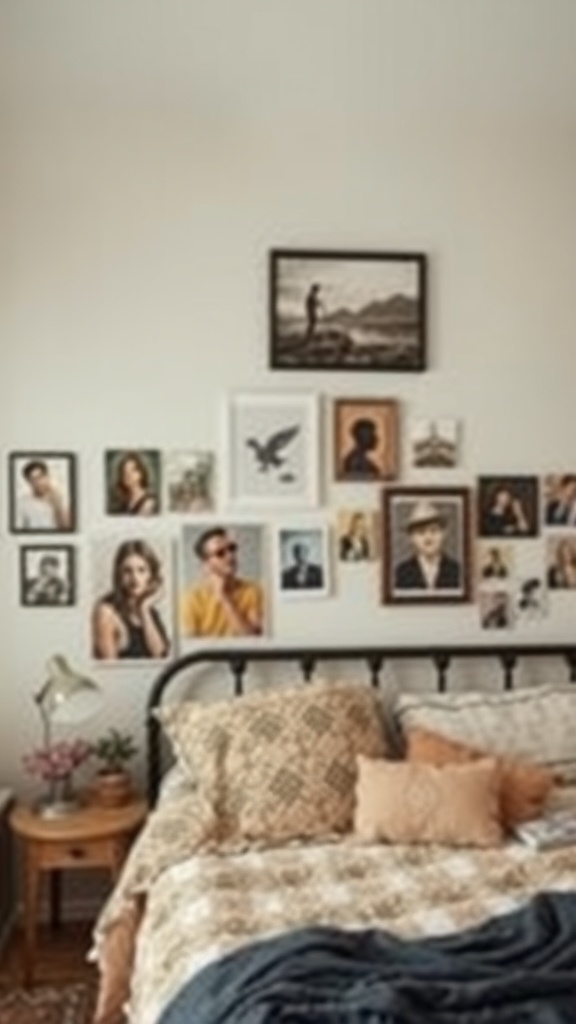 A cozy boho bedroom with a gallery wall of framed art and photographs above the bed.