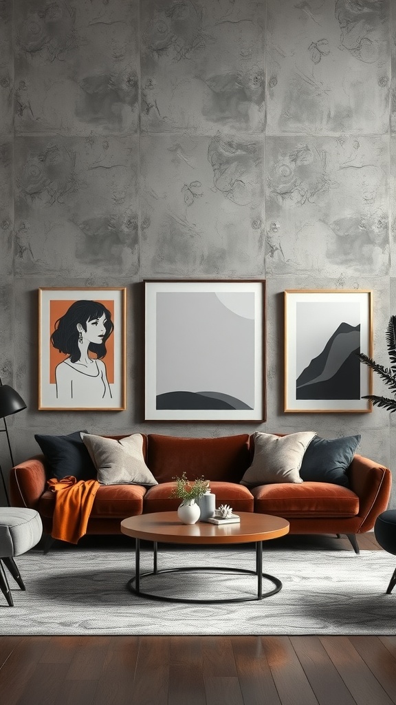 A stylish living room featuring a velvet sofa, concrete walls, and personalized art displays.