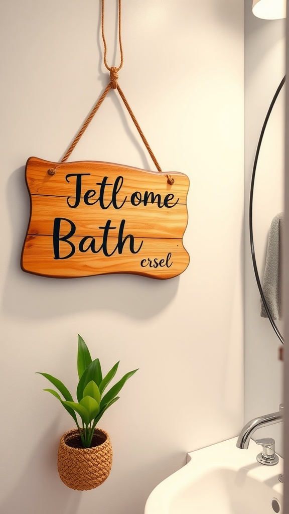 A wooden bathroom sign hanging on a wall with decorative plant.