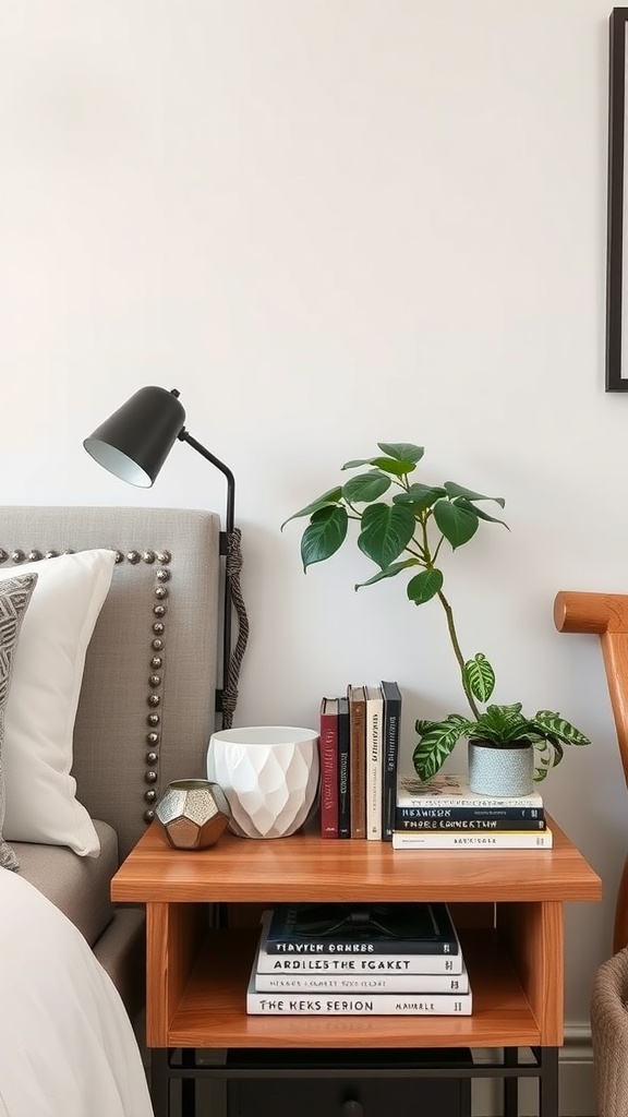 A stylish bedside table with a lamp, books, and a plant, showcasing personalized decor.