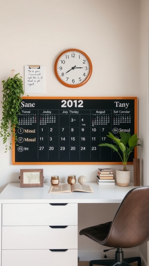A personalized calendar display in a feminine small home office, featuring a stylish calendar, clock, plants, and books.