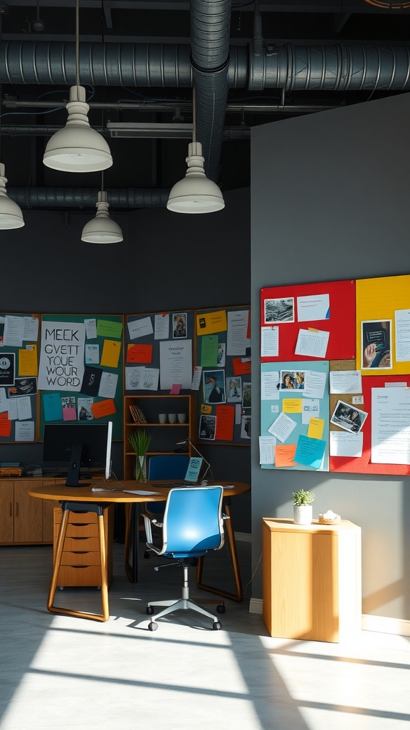 An office with colorful pinboards displaying various notes and documents, featuring a modern desk and chair.