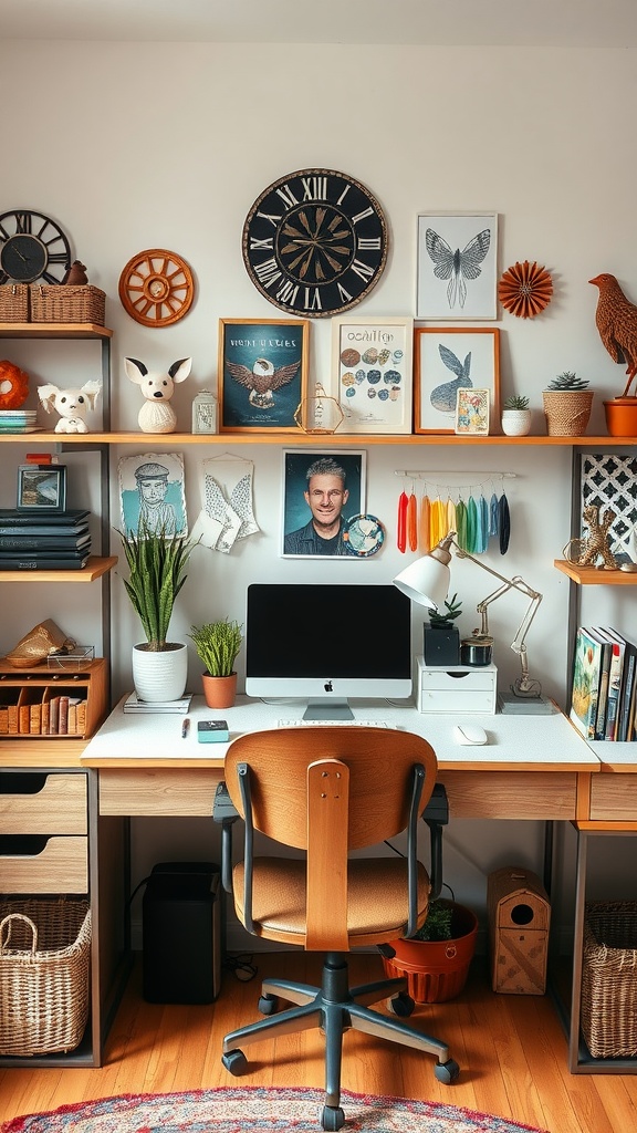 A cozy and personalized craft office with unique decor elements, including art and plants.