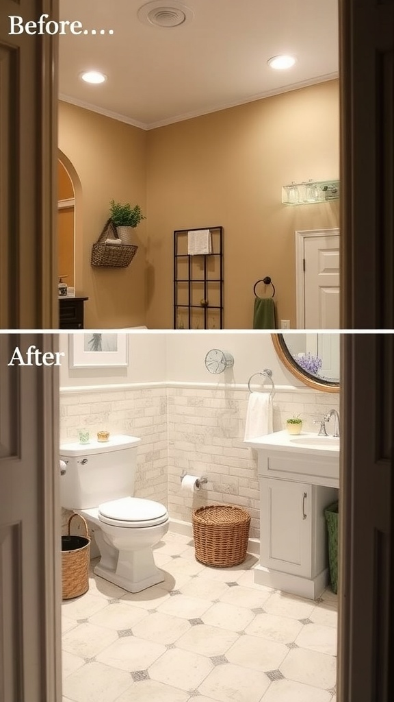 Before and after bathroom makeover showing significant transformation with updated decor and color scheme.