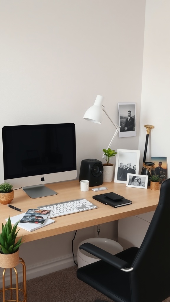 A stylish home office with a desk, computer, plants, and framed photos.