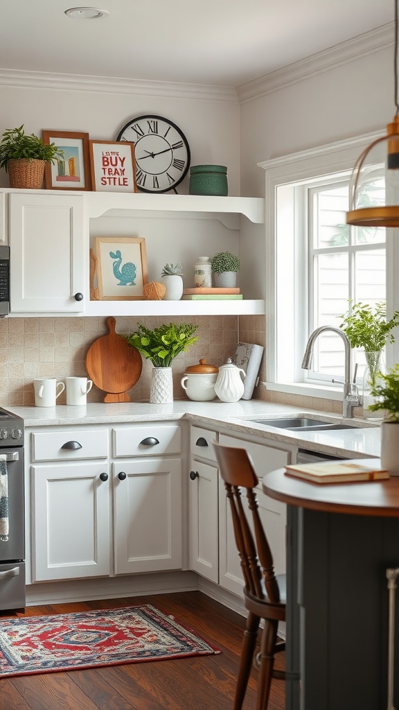 A cozy rustic modern kitchen featuring open shelves, potted plants, and a stylish rug.