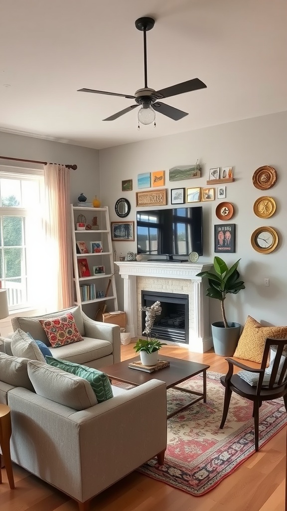 Cozy farmhouse living room with comfortable sofas, colorful pillows, and a wall of framed artwork.