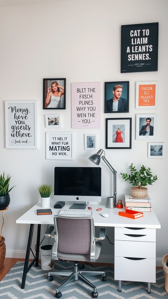A stylish home office featuring a desk with a computer and a wall decorated with inspirational quotes and images.