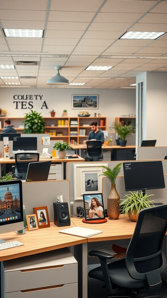 A well-organized office layout with personalized desk spaces featuring plants and framed photos.