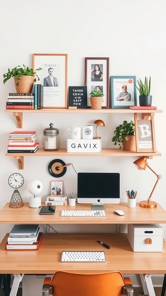 A well-organized home office desk with plants, books, framed photos, and an inviting lamp.