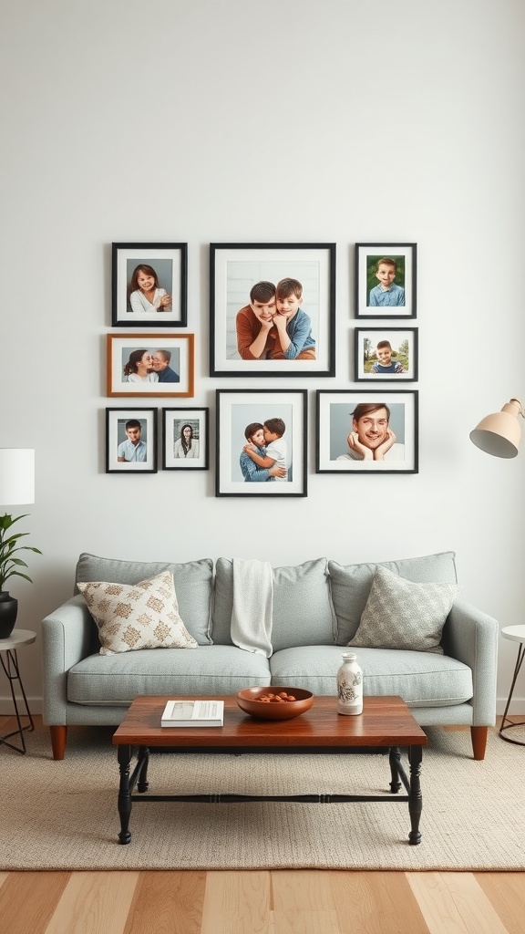 A cozy living room with a light blue sofa, a coffee table, and a personalized family photo gallery on the wall.