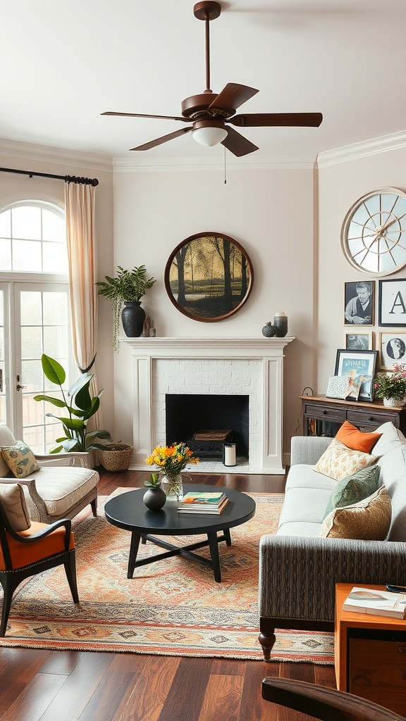 A cozy living room with a gray couch, orange accents, and a fireplace, featuring plants and natural light