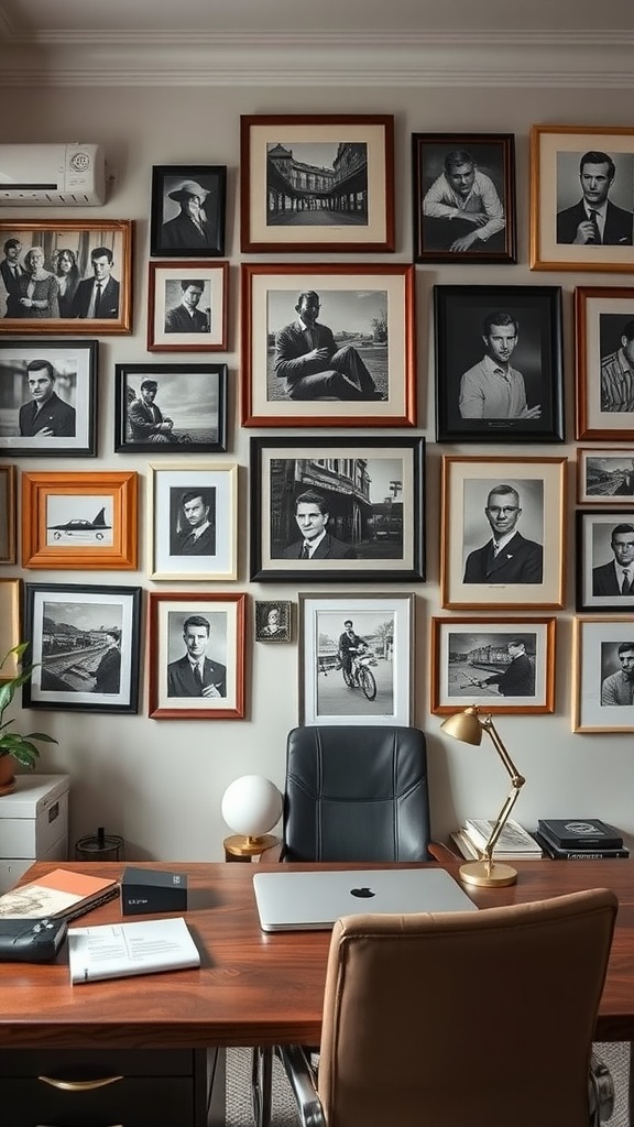 A masculine home office with a gallery wall of framed black-and-white portraits.