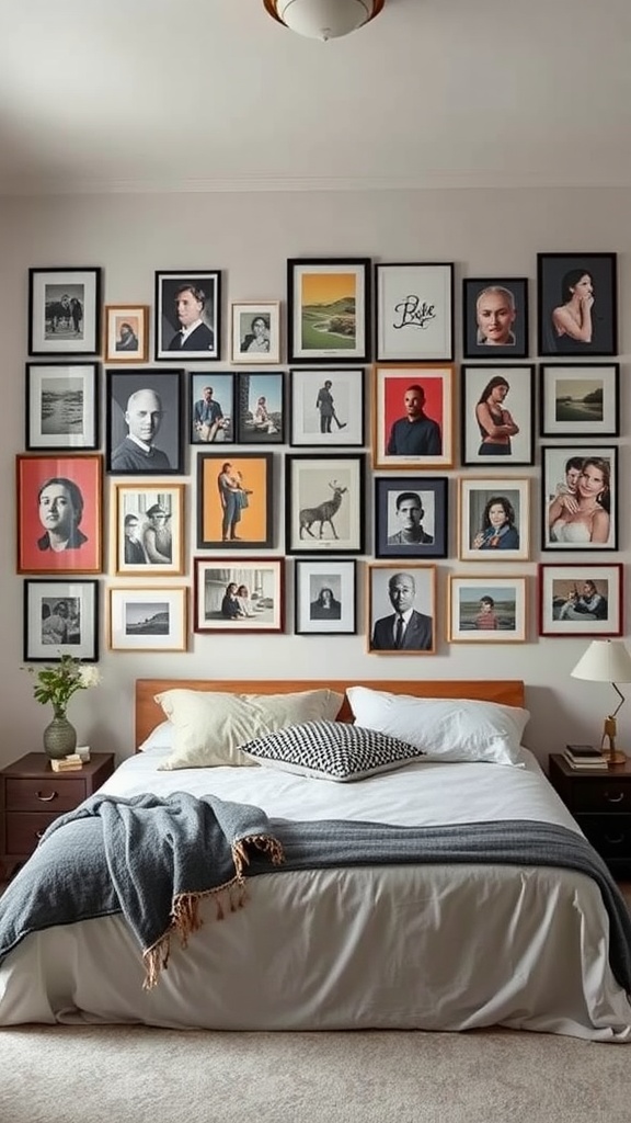 Bedroom with a gallery wall featuring various framed photographs and artwork