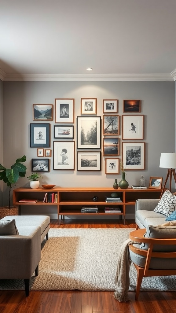 A cozy living room with a gallery wall featuring various framed pictures, complemented by modern furniture and decor.