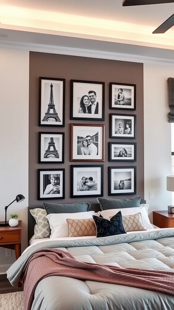 A cozy master bedroom featuring a personalized photo gallery on the wall with various black-and-white framed photos.